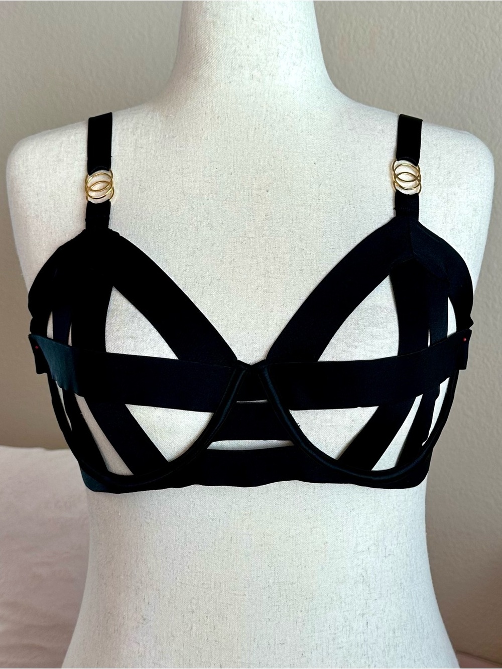 Victorias Secret Unlined Balconet Bra Black Open Bandage Straps Size 36DD Pinup
